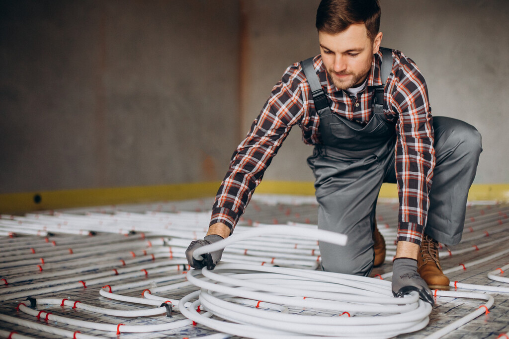 A man is installing pipes on the floor, focused on his task in a construction or renovation setting.