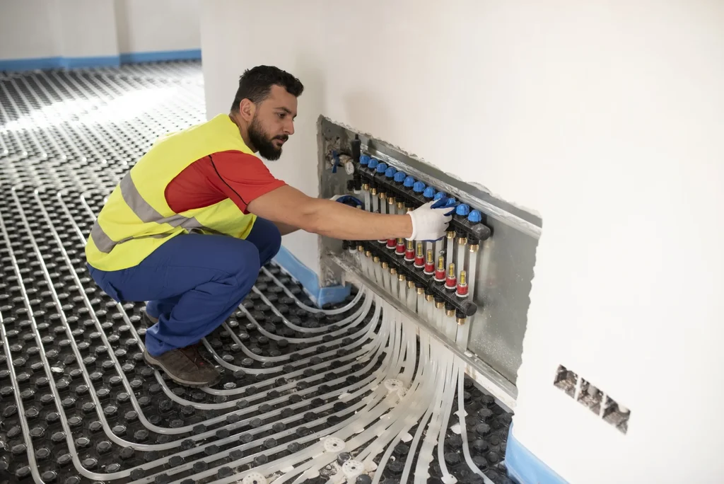 A technician repairs a heating system in a room, focused on ensuring optimal functionality and comfort.