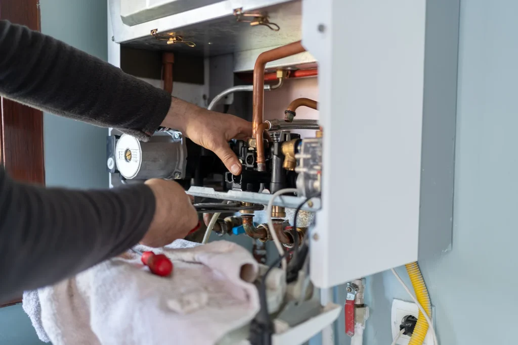 A technician repairs a gas boiler inside a residential home, ensuring safe and efficient operation.