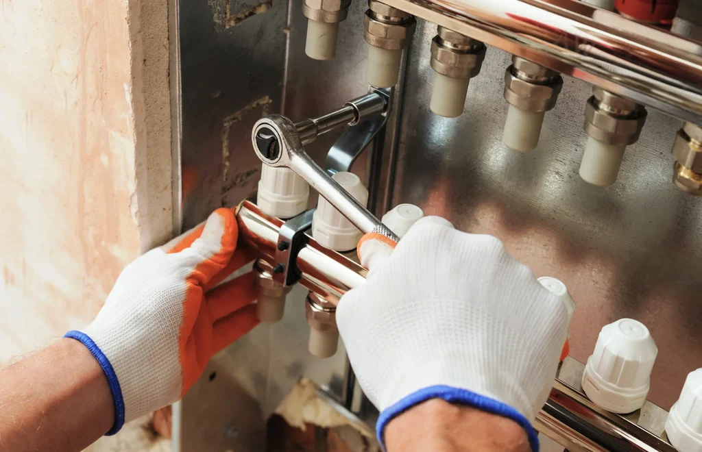 A technician in gloves is repairing a water heater, ensuring proper maintenance and safety during the process.